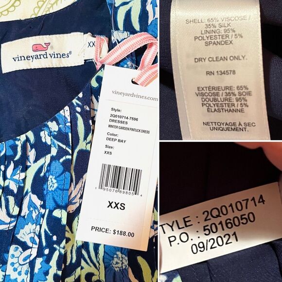 Vineyard Vines Winter Garden Pintuck Front Dress Deep Bay Blue Green XXS NWT - Picture 10 of 11